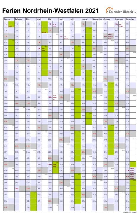 Select the orientation, year, paper size, the number of calendars per page, etc. Ferien Nordrhein-Westfalen 2021 - Ferienkalender zum ...