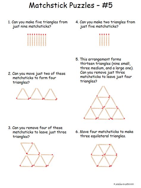 Free Printable Triangle Matchstick Puzzles Brain Teasers For Kids