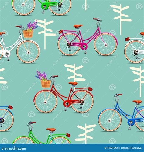 Seamless Pattern With Vintage Bicycles On Green Background Vector