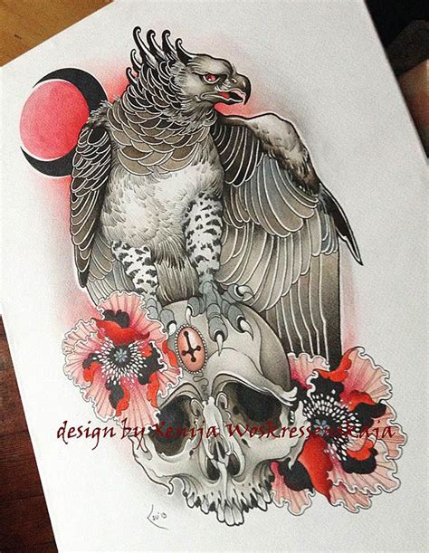 Tattoo Design Harpia Skull And Flowers By Xenija88 On Deviantart