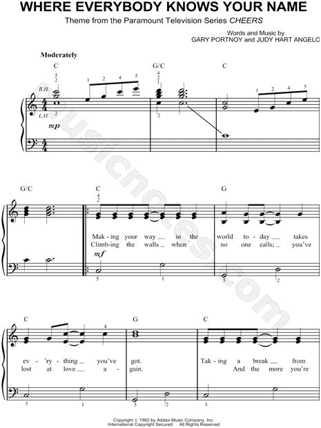 And i know devotees are bound to be incensed not to. "Where Everybody Knows Your Name" from 'Cheers' Sheet Music (Easy Piano) in C Major - Download ...