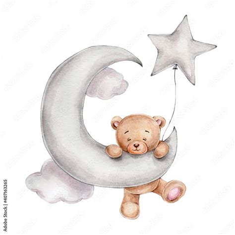 Cute Teddy Bear With Star Balloon On The Moon Watercolor Hand Drawn