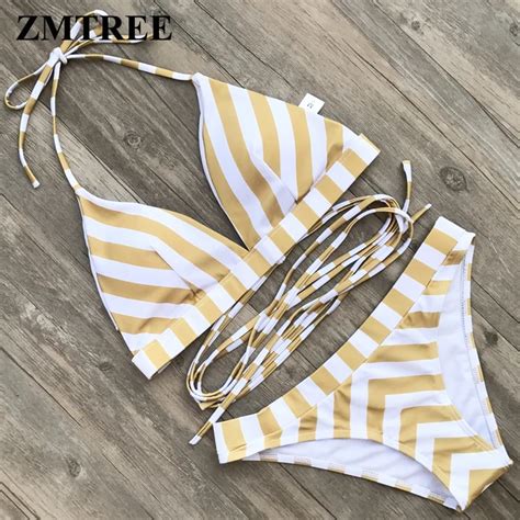 Zmtree Stripped Bikini Set Women Halter Top Swimwear Bandage Bathing