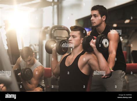 Group Of Men With Dumbbells In Gym Stock Photo Alamy