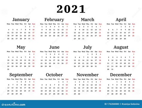 Calendar 2021 Week Starts On Monday Stock Vector Illustration Of