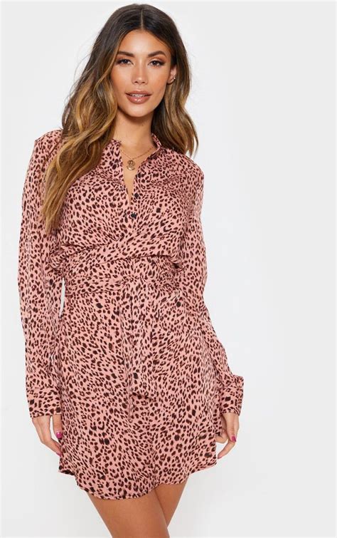 pink leopard print tie waist collarless shirt dress dress clothes for women pink leopard