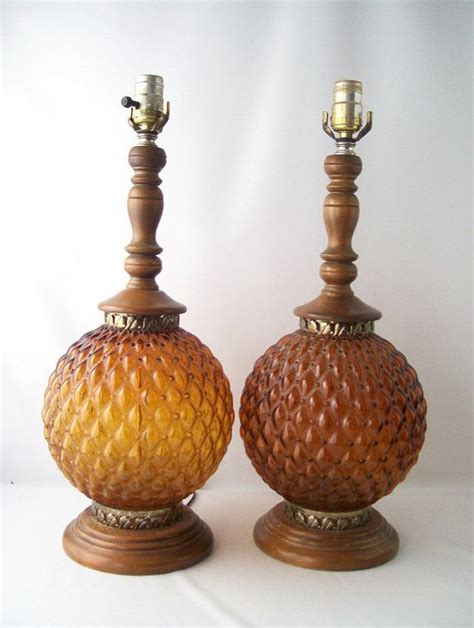 Vintage Pair Amber Table Lamps Glass Globe Wood Orange Brown Light Lighting Decorative Home