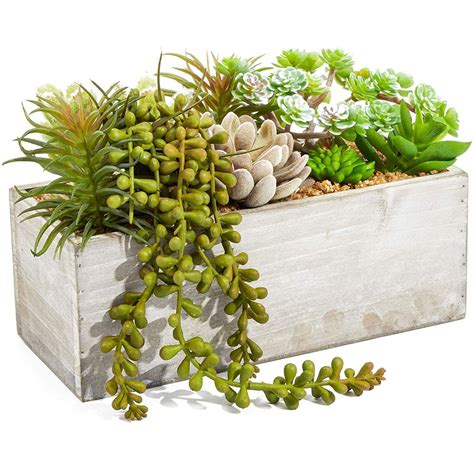 Artificial Mixed Succulent Plants In Rectangular Wooden Planter Box 9