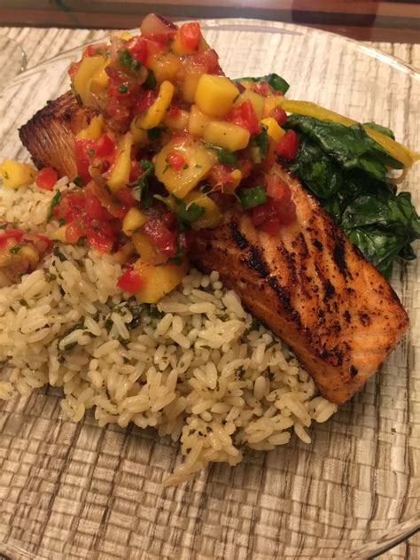 Say goodbye to plain boring rice forever! Salmon w/Mango Salsa, Cilantro Lime Rice and Spinach Salad ...