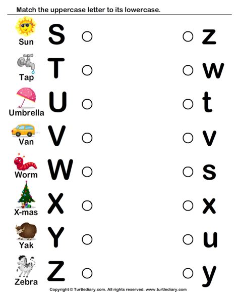 Use in preschool or kindergarten. Draw Line to Match Letters S to Z Worksheet - Turtle Diary