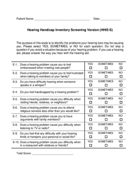 Fillable Online The Revised Hearing Handicap Inventory And Screening