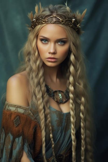 premium ai image a woman with long blonde hair and a blue eyes wearing a dress with a crown