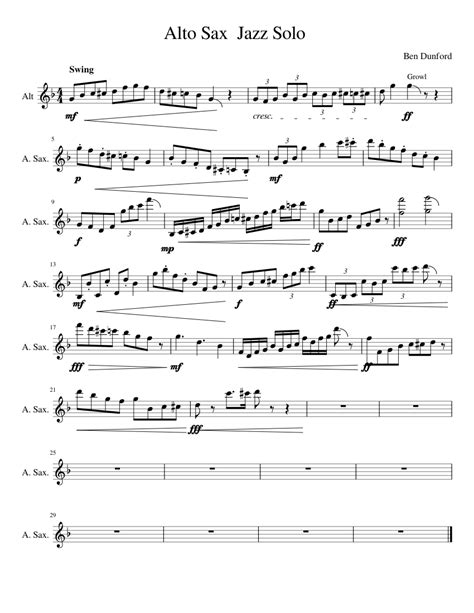 Jazz Alto Sax Solo Sheet Music For Piano Saxophone Alto Solo