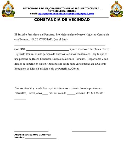 Formato Constancia De Vecindad Patronato Pro Mejoramiento Nuevo