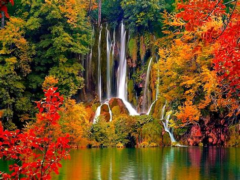 Fall Waterfall Plitvice Lakes National Park Plitvice Lakes Scenery