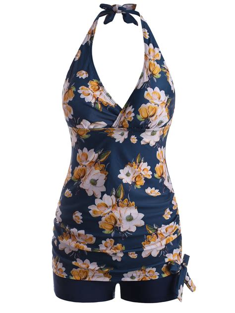 37 Off 2021 Flower Print Halter Bowknot Plunge Front Tankini