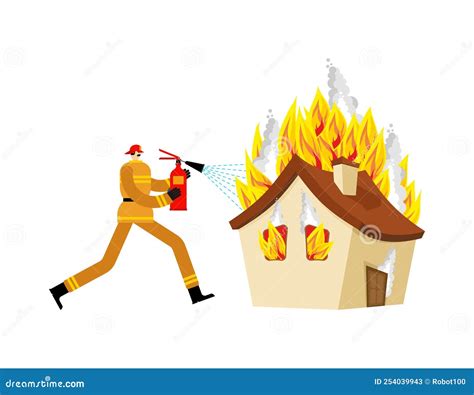 Firefighters Extinguish House. House is on Fire and Fireman Stock