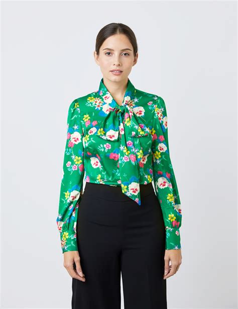 satin women s fitted shirt with multi floral print and pussy bow in green and white hawes
