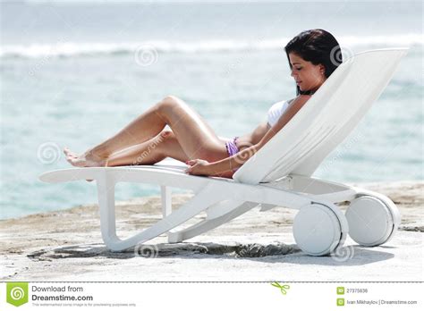 Woman In Chaise Lounge Near Sea Stock Photo Image Of Pleasure Fashion