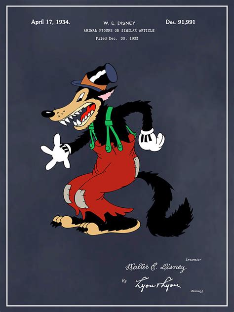 1934 Walt Disney Big Bad Wolf Blackboard Colorized Patent Print Drawing