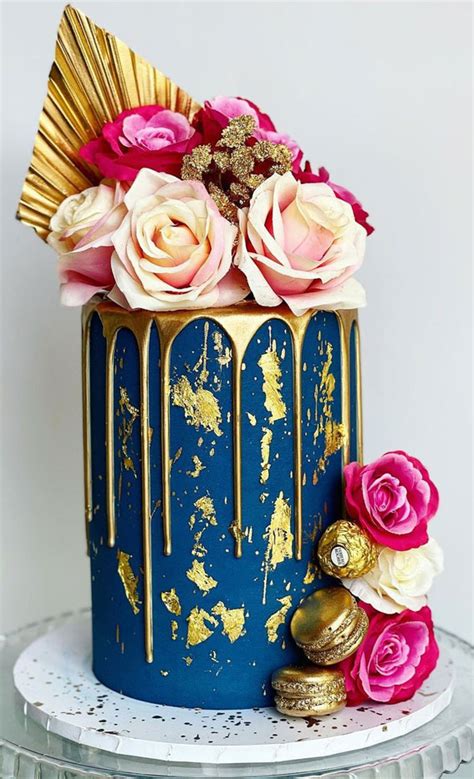 38 Beautiful Cake Designs To Swoon Navy Blue Cake With Gold Icing Drips