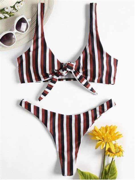 Striped Bowknot Thong Bikini Set Multi A S Swimwear Model Swimwear