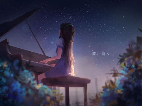 Long Hair Dark Hair Sishenfan Anime Anime Girls Piano Digital