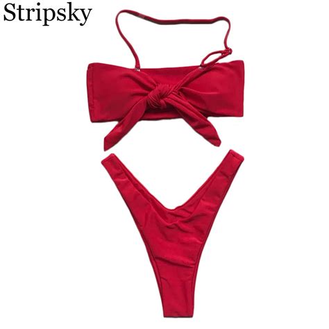 Stripsky Women 2018 Sexy Bandeau Bikini Set Tie Top Thong Bathing Suit Swimwear Swimsuit