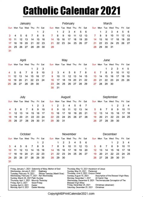 Sundays and solemnities are in capitals. Printable Catholic Calendar 2021 - February 2021
