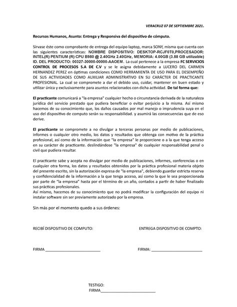 Carta Responsiva De Equipo Cómputo En Ciudad México A Computo Veracruz Septiembre