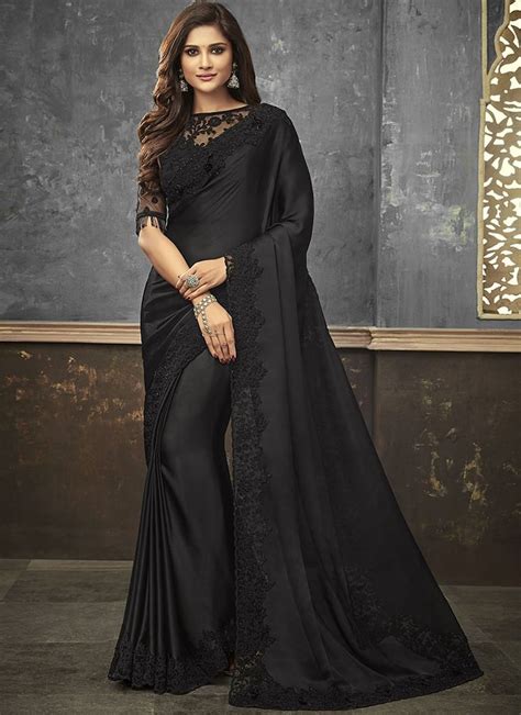 Black Satin Embroidered Classic Designer Saree Fancy Sarees Party