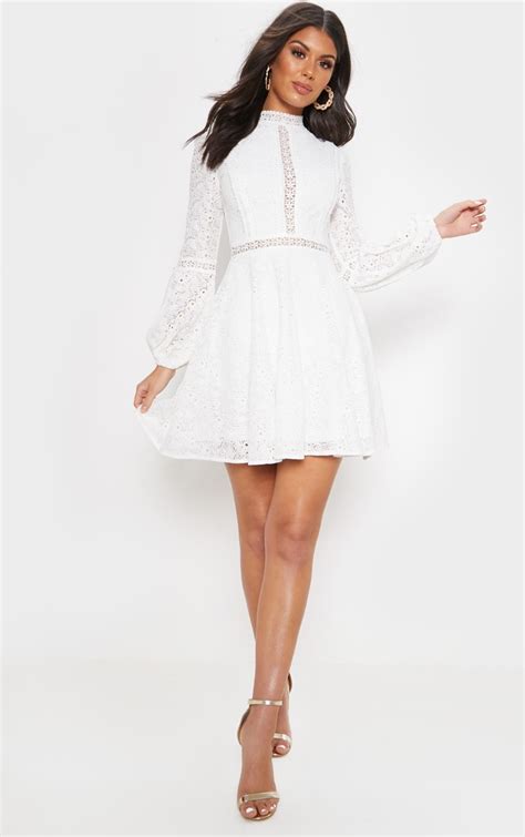 White Lace Long Sleeve Skater Dress Dresses Prettylittlething Ire
