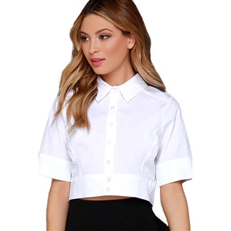 Hdy Women Crop Tops White Blouse Short Sleeve Turn Down Collar Women