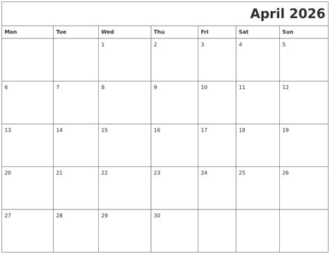 April 2026 Printable Calender