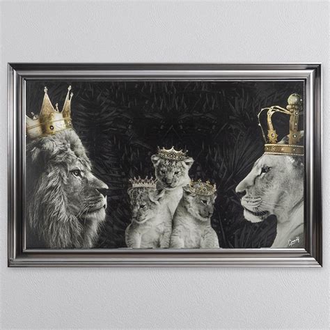 Lion And Lioness King And Queen Of The Jungle With Three Cubs Framed