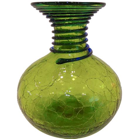 Mid Century Blenko Crackle Glass Carafe Vase Green with ...