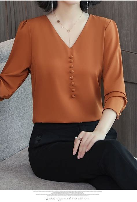 Women Long Sleeve V Neck Chiffon Solid Blouses Tops Clothes Tunic