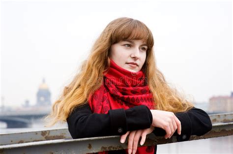 Beautiful Thoughtful Girl In The Red Scarf Stock Image Image Of