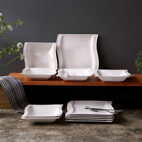 MALACASA Square Plates And Bowls Set 12 Pieces White Square Porcelain