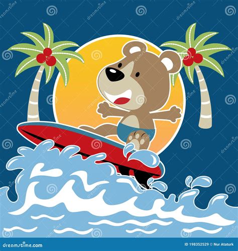 Funny Little Bear Cartoon Surfing Stock Vector Illustration Of