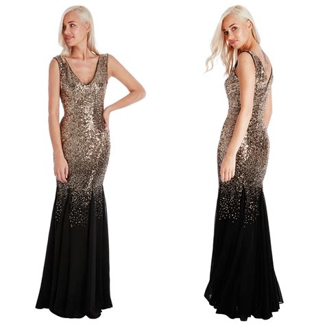 Ladies Long Gold Sequin Chiffon Evening Maxi Party Dress Ball Gown