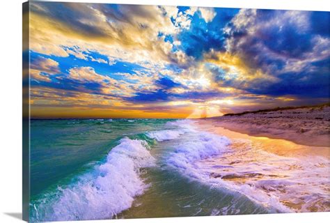 Beautiful Blue Beach Sunset Blue Clouds And Waves Wall Art Canvas
