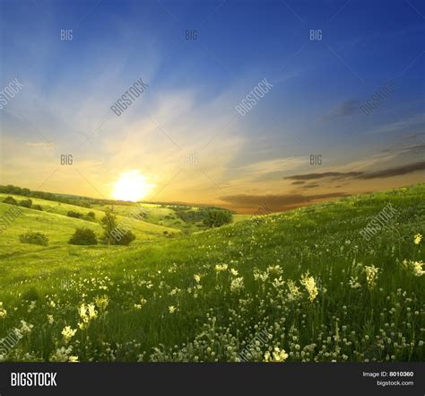 Sunset Over Green Meadow Grass And Sky With Clouds Stock Photo And Stock