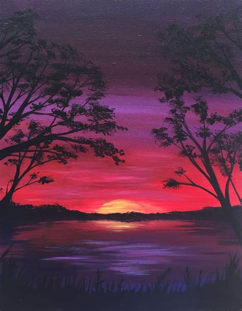 Lake At Sundown Easy Canvas Painting Night Painting Diy Painting