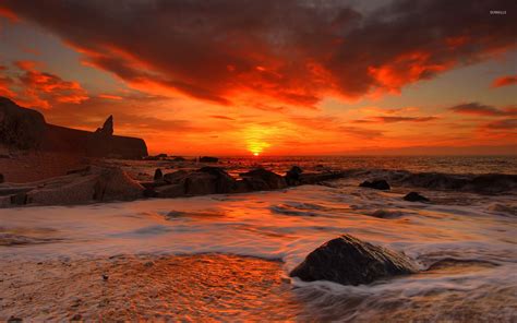 Red sunset above the rocky beach wallpaper - Beach wallpapers - #48873