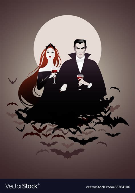 Couple Of Vampires On A Cloud Of Bats Holding Red Vector Image
