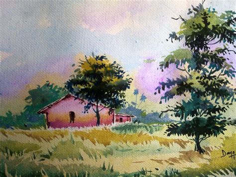 Watercolor Painting Of A Village Scene Desi Painters