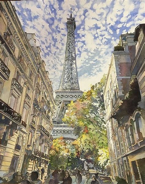 Fine Art Watercolor Painting Of Portion Of The Eiffel Tower At Sunset