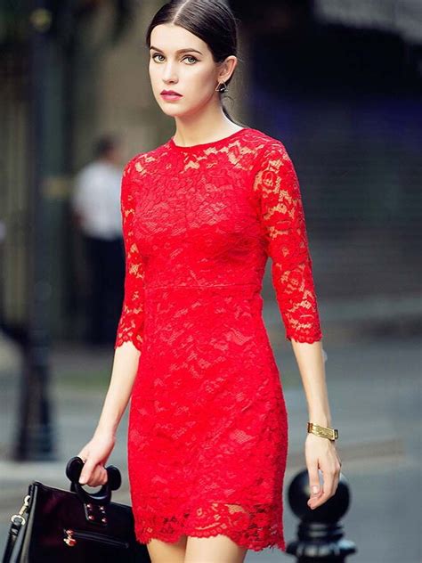Red Round Neck Length Sleeve Lace Dressfor Women Romwe