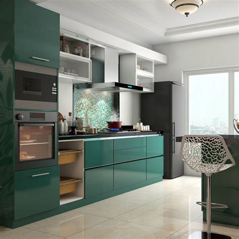Archstone home interiors is one of the leading and fastest growing interior designing service provider in delhi/ncr. Glossy green cabinets infuse vitality to this kitchen ...